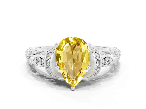 Platinum Pear Cut Yellow Sapphire Solitaire Ring with Filigree Band and Four-Prong Setting