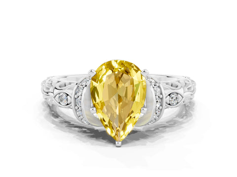 White gold Pear Cut Yellow Sapphire Solitaire Ring with Filigree Band and Four-Prong Setting_60