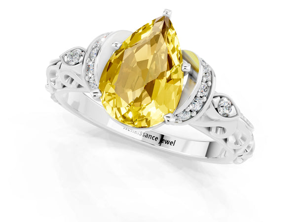 Platinum Pear Cut Yellow Sapphire Solitaire Ring with Filigree Band and Four-Prong Setting