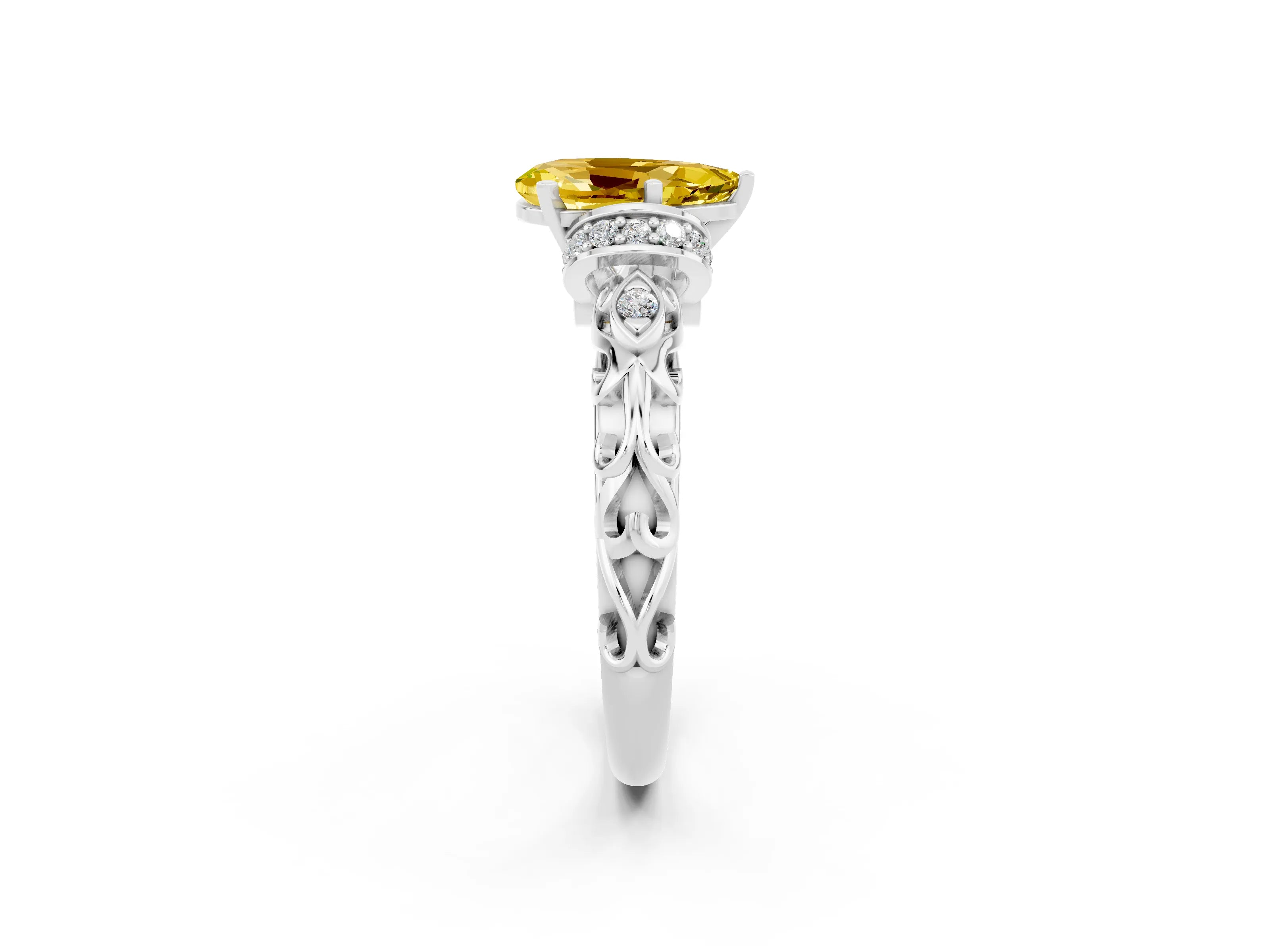 White gold Pear Cut Yellow Sapphire Solitaire Ring with Filigree Band and Four-Prong Setting_62