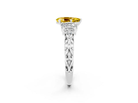 White gold Pear Cut Yellow Sapphire Solitaire Ring with Filigree Band and Four-Prong Setting_62