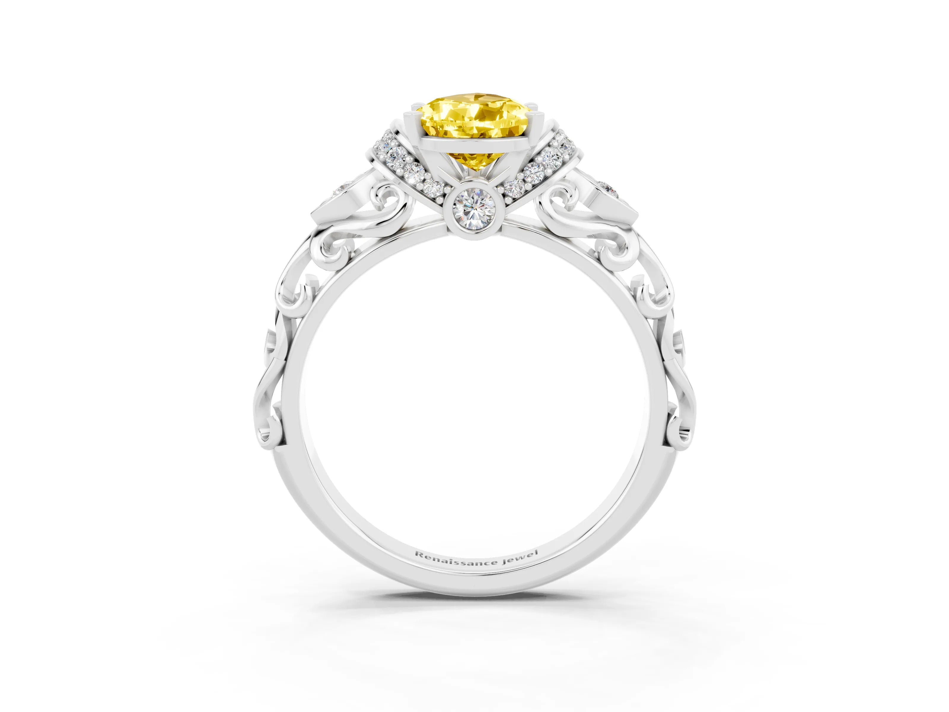 White gold Pear Cut Yellow Sapphire Solitaire Ring with Filigree Band and Four-Prong Setting_63