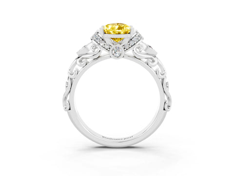 White gold Pear Cut Yellow Sapphire Solitaire Ring with Filigree Band and Four-Prong Setting_63