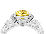 White gold Pear Cut Yellow Sapphire Solitaire Ring with Filigree Band and Four-Prong Setting_64