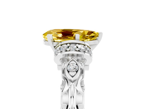 White gold Pear Cut Yellow Sapphire Solitaire Ring with Filigree Band and Four-Prong Setting_65