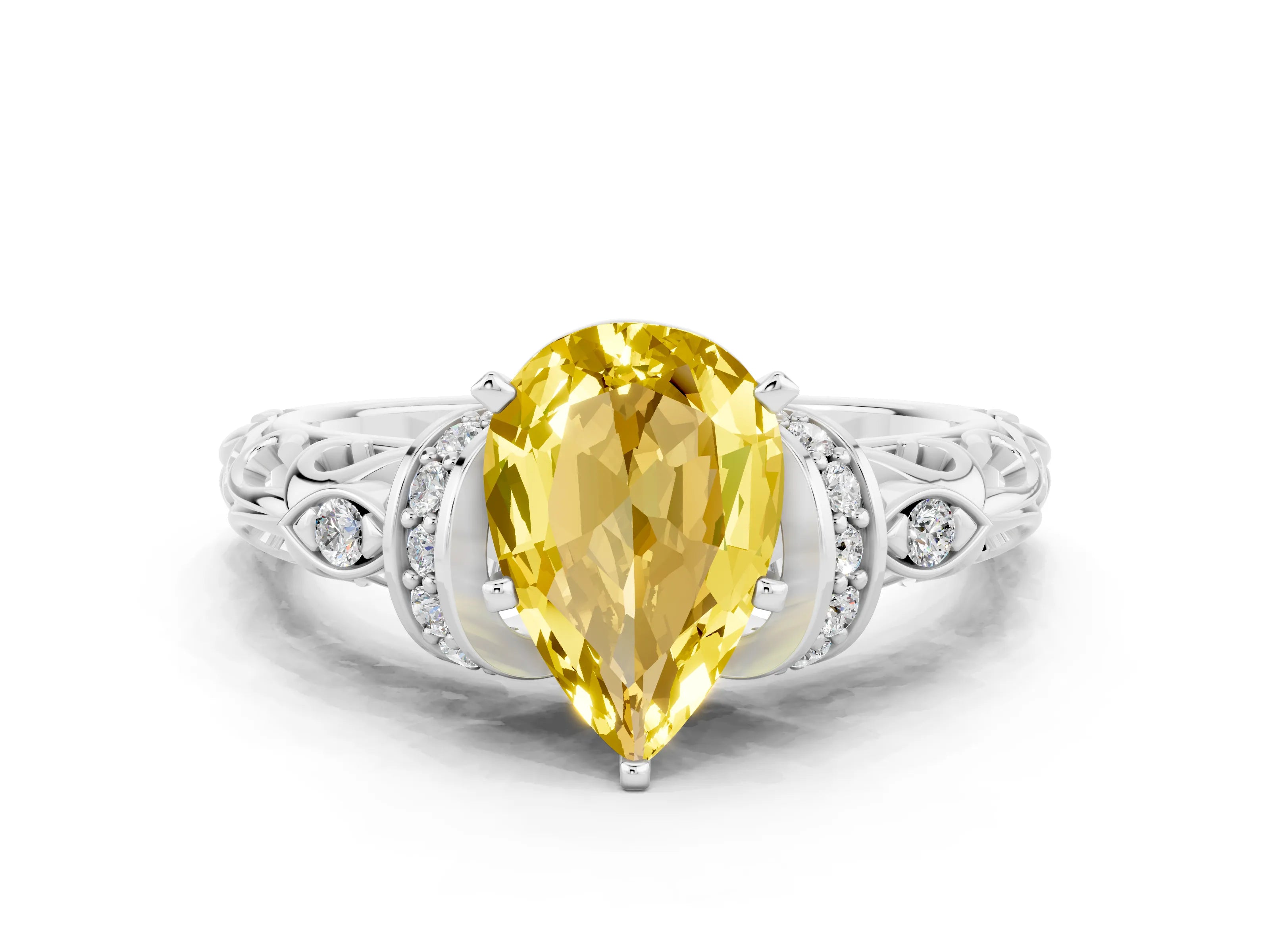 White gold Pear Cut Yellow Sapphire Solitaire Ring with Filigree Band and Four-Prong Setting_72