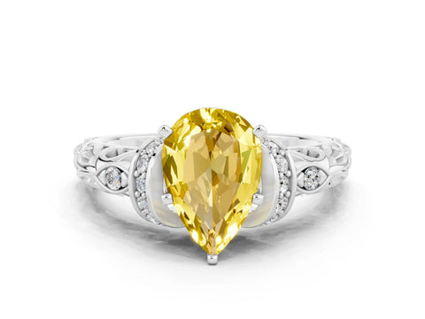 White gold Pear Cut Yellow Sapphire Solitaire Ring with Filigree Band and Four-Prong Setting_72