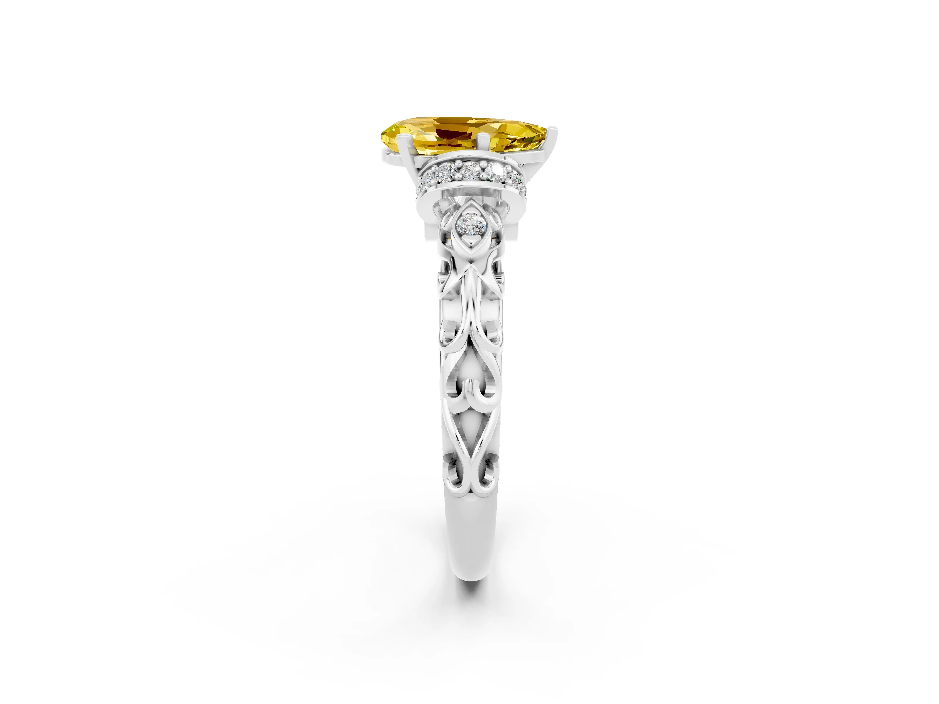 White gold Pear Cut Yellow Sapphire Solitaire Ring with Filigree Band and Four-Prong Setting_74