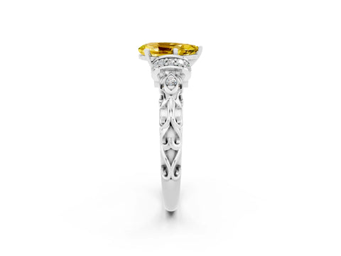 White gold Pear Cut Yellow Sapphire Solitaire Ring with Filigree Band and Four-Prong Setting_74