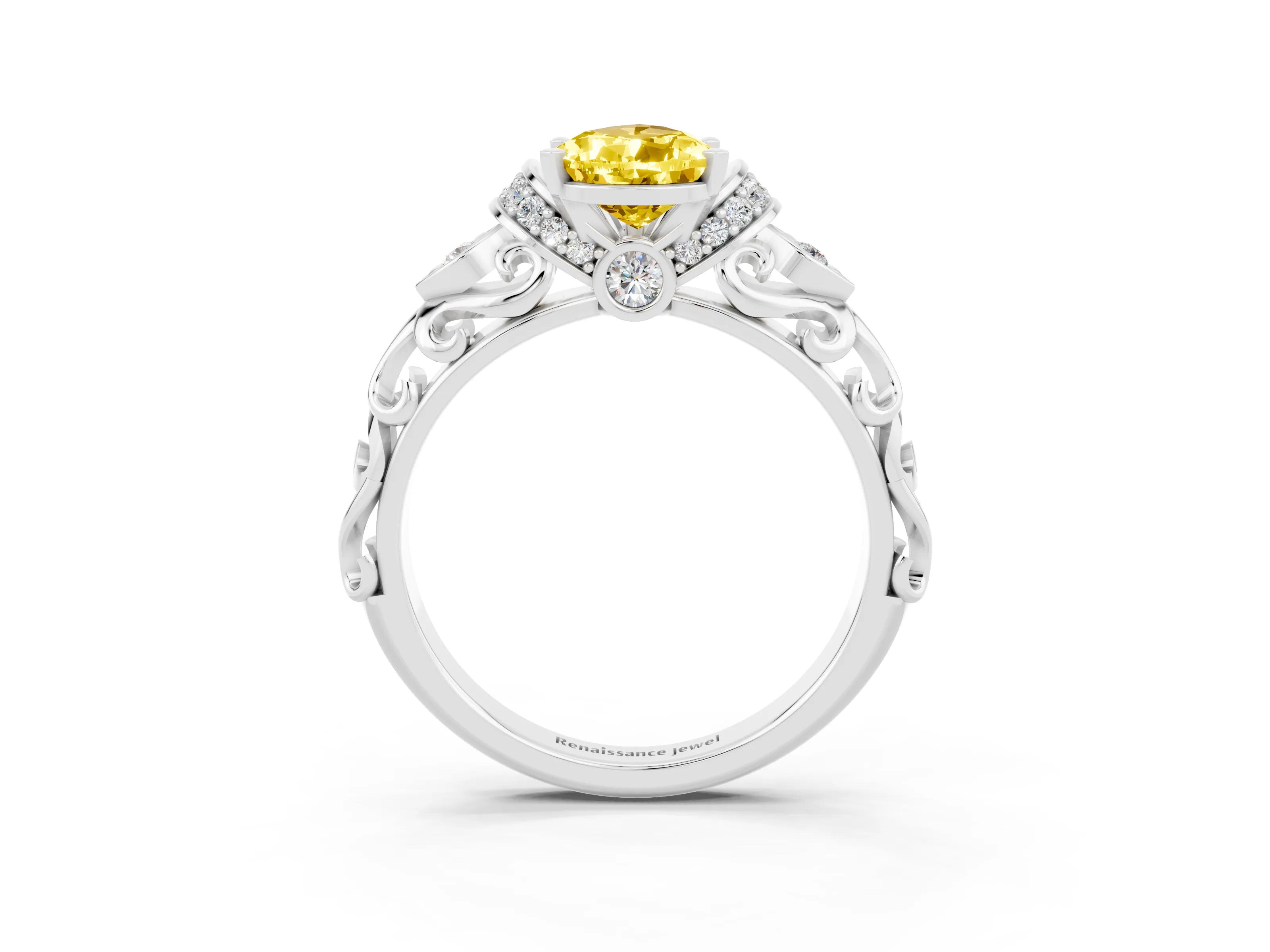 White gold Pear Cut Yellow Sapphire Solitaire Ring with Filigree Band and Four-Prong Setting_75