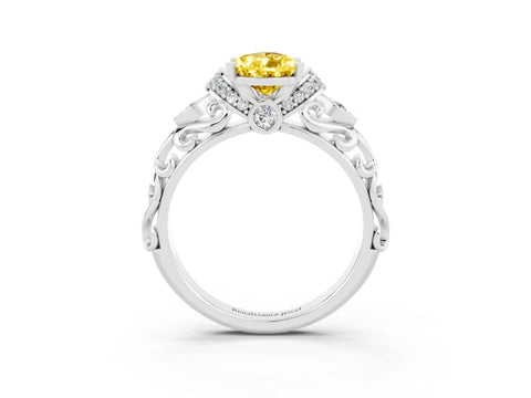 White gold Pear Cut Yellow Sapphire Solitaire Ring with Filigree Band and Four-Prong Setting_75