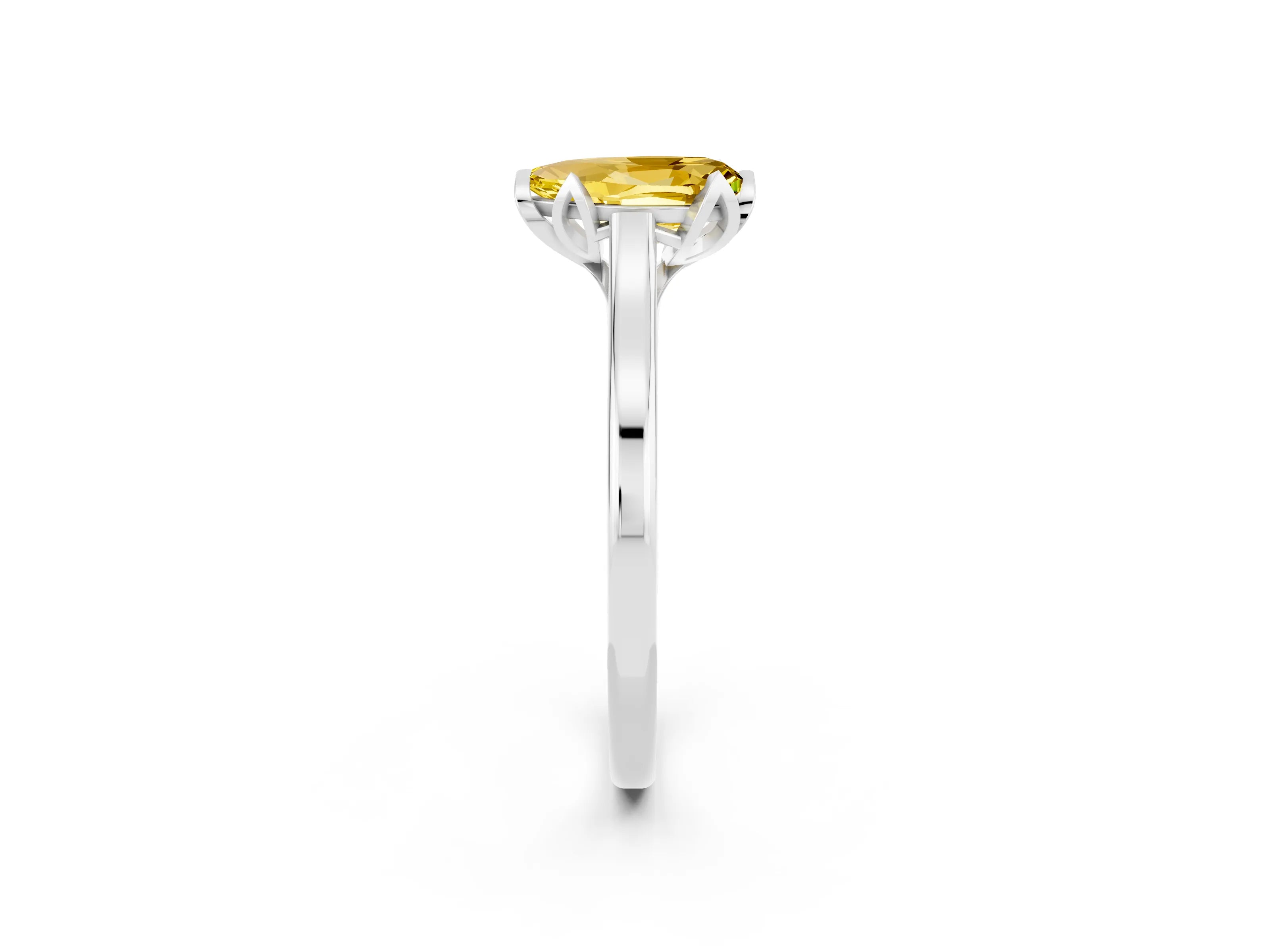 White gold Pear Cut Yellow Sapphire Solitaire Ring with Flower Prong Setting and Classic Band_14