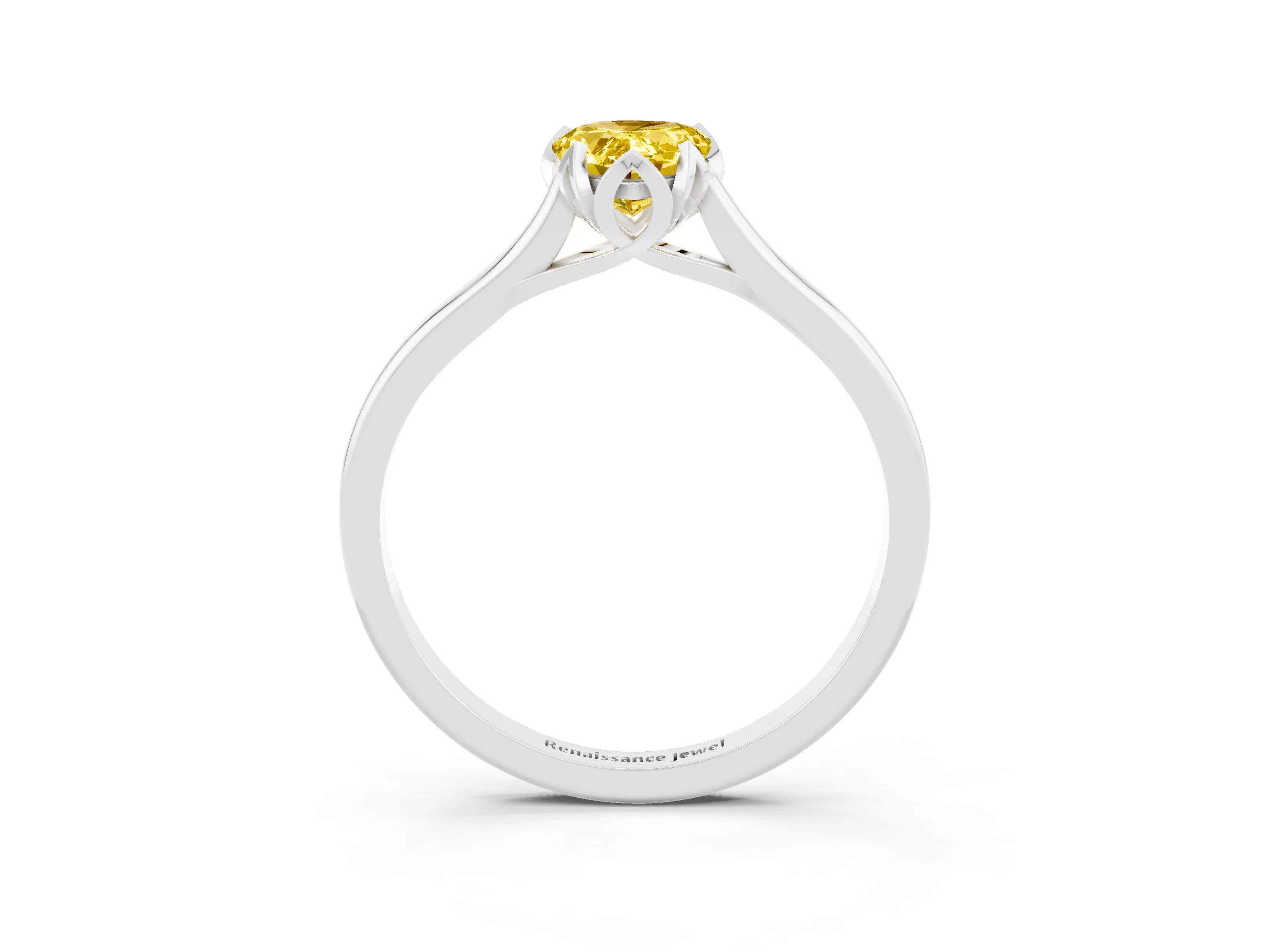 White gold Pear Cut Yellow Sapphire Solitaire Ring with Flower Prong Setting and Classic Band_15