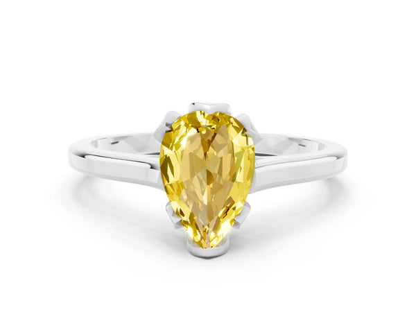 White gold Pear Cut Yellow Sapphire Solitaire Ring with Flower Prong Setting and Classic Band