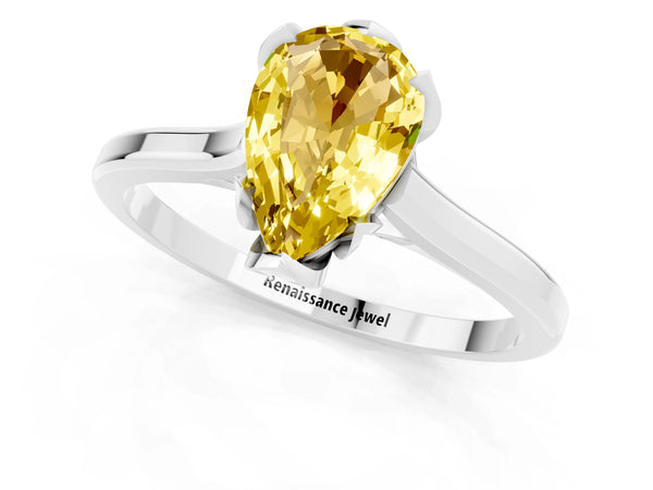 White gold Pear Cut Yellow Sapphire Solitaire Ring with Flower Prong Setting and Classic Band