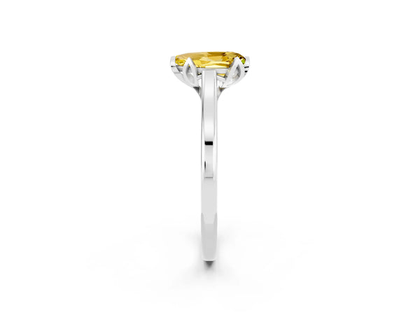 White gold Pear Cut Yellow Sapphire Solitaire Ring with Flower Prong Setting and Classic Band