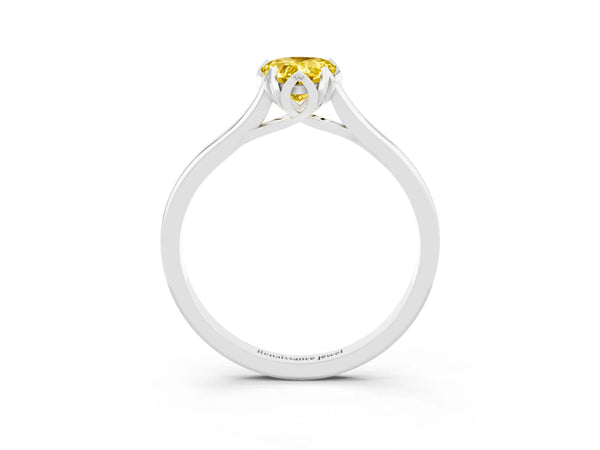 White gold Pear Cut Yellow Sapphire Solitaire Ring with Flower Prong Setting and Classic Band