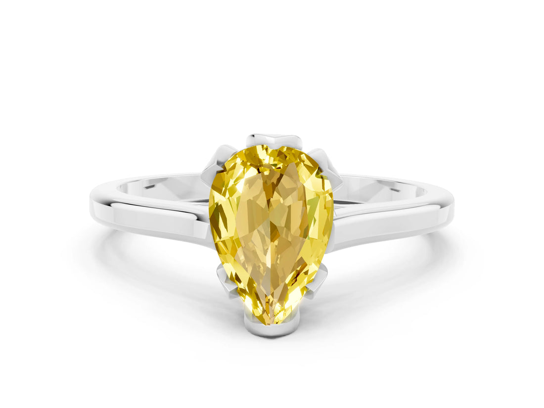 White gold Pear Cut Yellow Sapphire Solitaire Ring with Flower Prong Setting and Classic Band_49