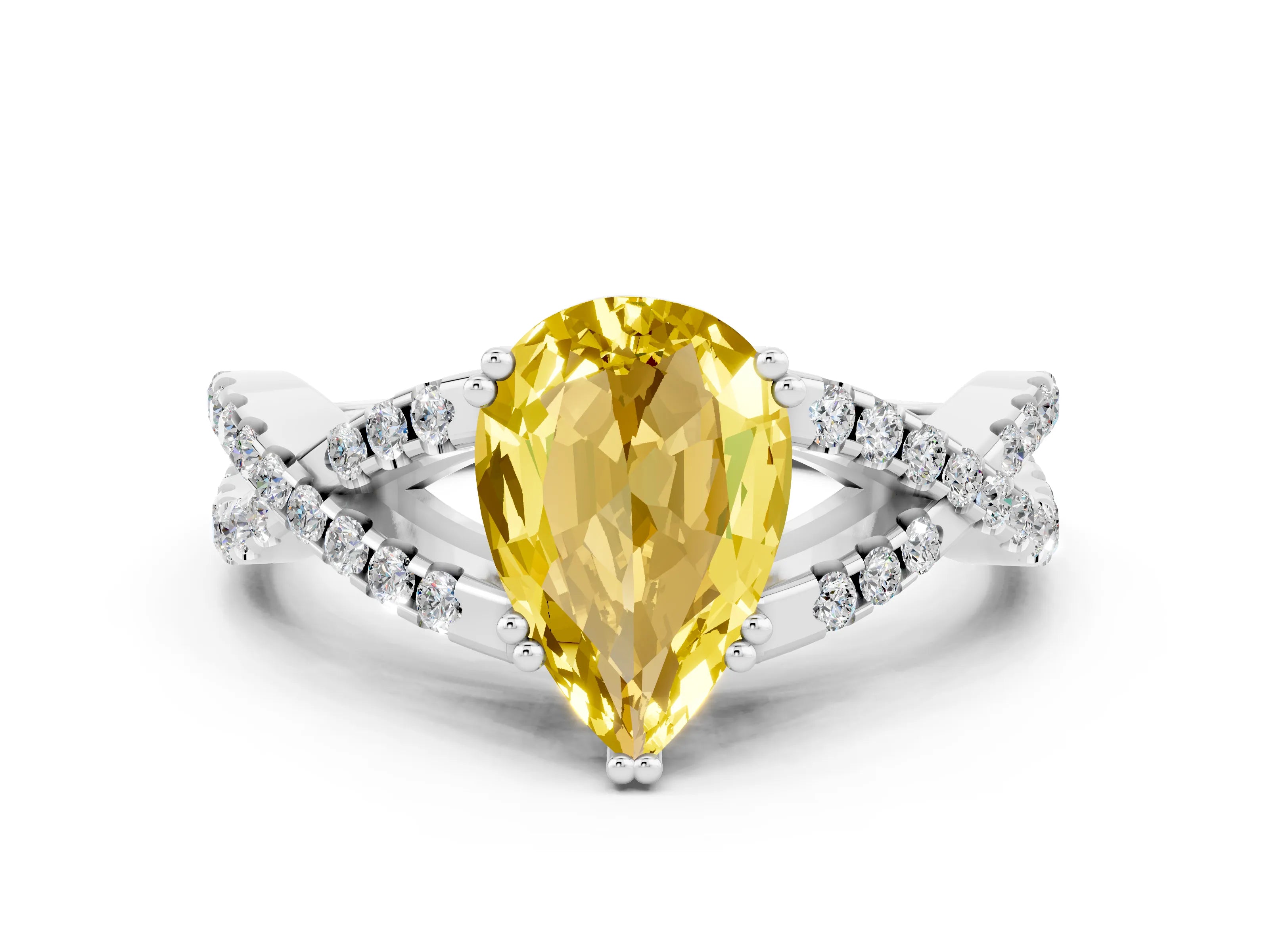 White gold Pear Cut Yellow Sapphire Solitaire Ring with Four-Prong Setting and Twisted Pavé Band_12