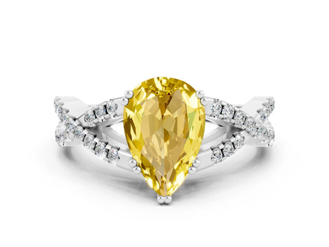 White gold Pear Cut Yellow Sapphire Solitaire Ring with Four-Prong Setting and Twisted Pavé Band_12