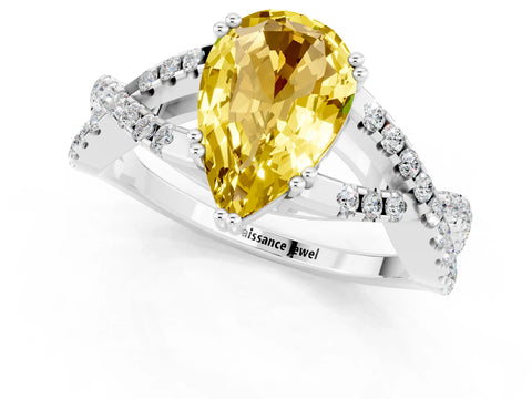 White gold Pear Cut Yellow Sapphire Solitaire Ring with Four-Prong Setting and Twisted Pavé Band_13