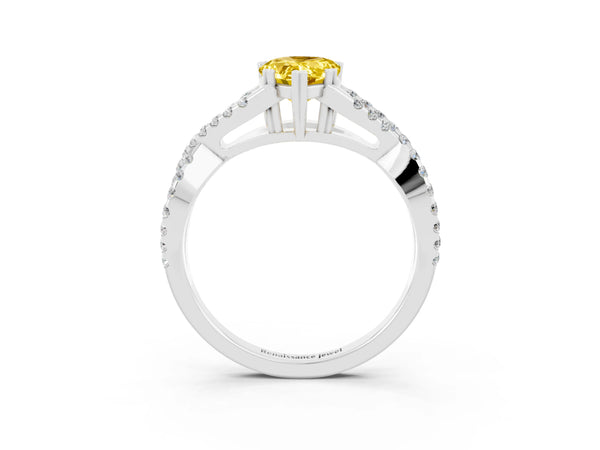 Platinum Pear Cut Yellow Sapphire Solitaire Ring with Four-Prong Setting and Twisted Pavé Band