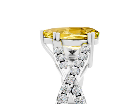 White gold Pear Cut Yellow Sapphire Solitaire Ring with Four-Prong Setting and Twisted Pavé Band_17