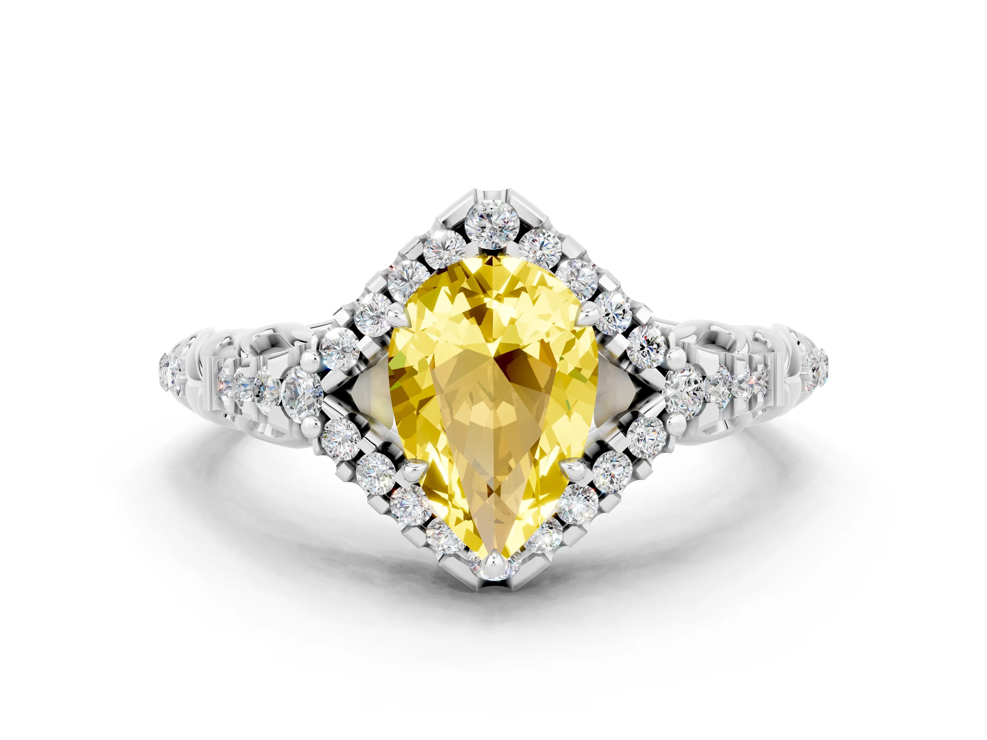 White gold Pear Cut Yellow Sapphire Solitaire Ring with Hidden Halo and Pavé Band_12