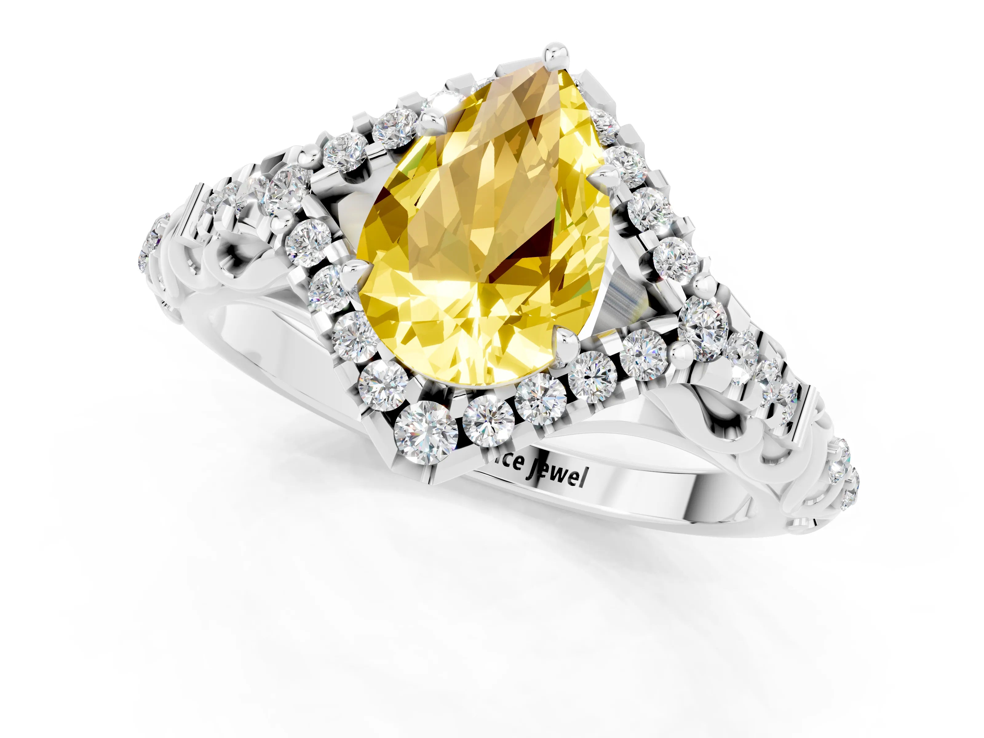 White gold Pear Cut Yellow Sapphire Solitaire Ring with Hidden Halo and Pavé Band_13