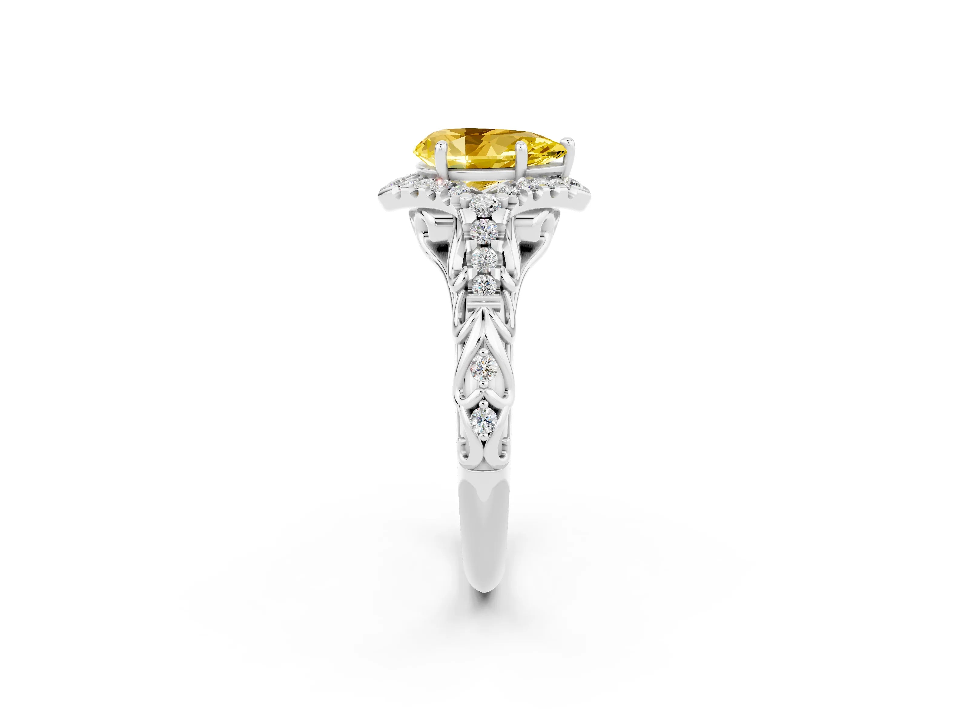 White gold Pear Cut Yellow Sapphire Solitaire Ring with Hidden Halo and Pavé Band_14