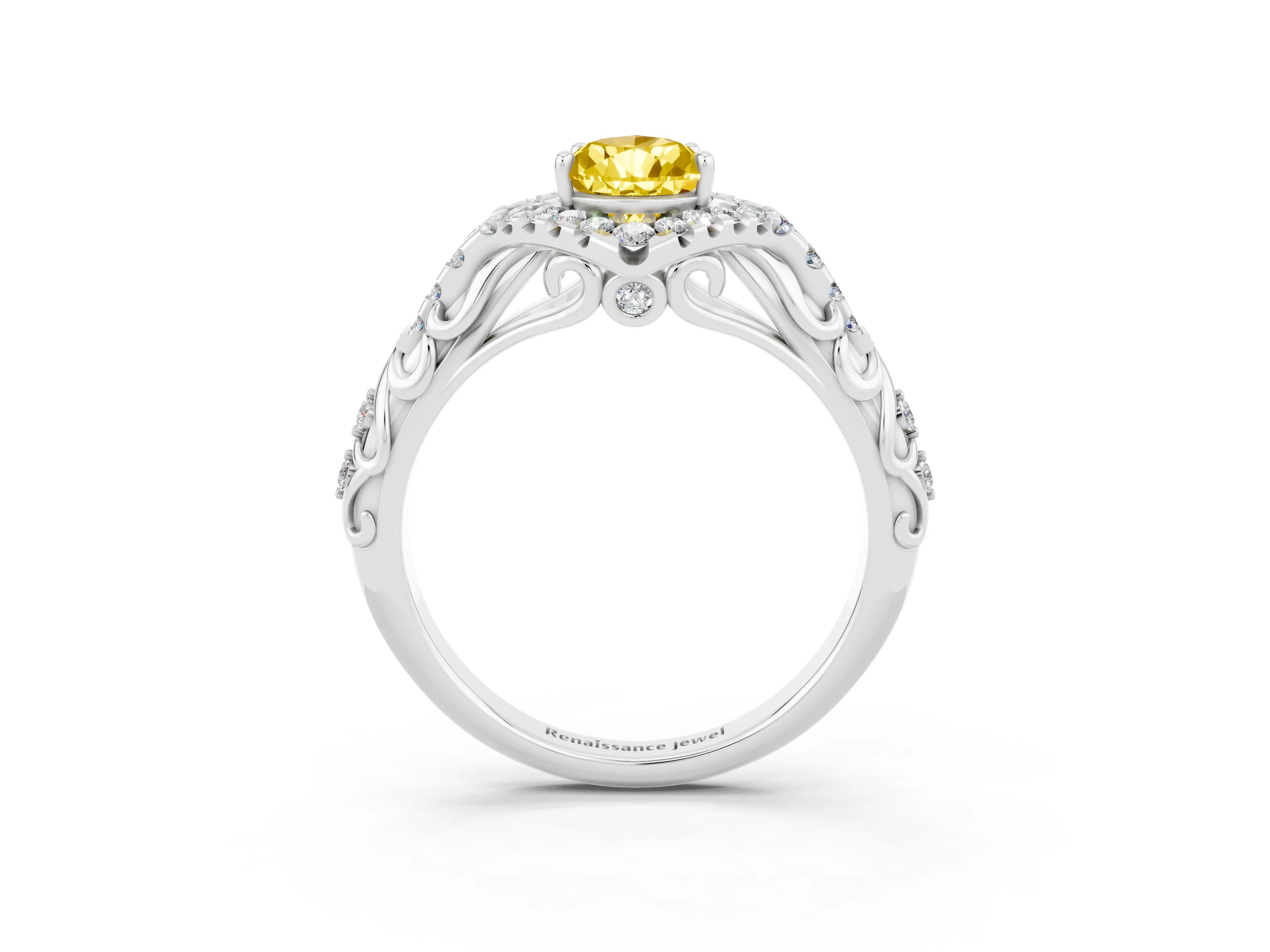 White gold Pear Cut Yellow Sapphire Solitaire Ring with Hidden Halo and Pavé Band_15