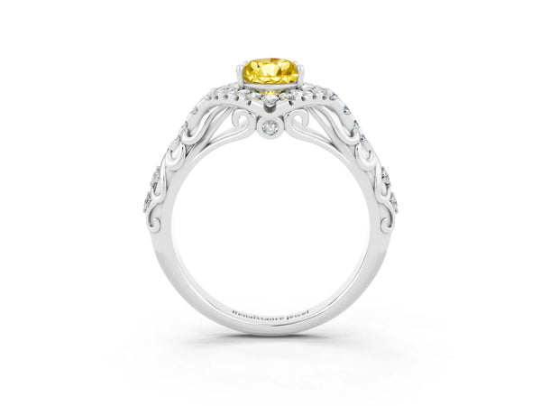 White gold Pear Cut Yellow Sapphire Solitaire Ring with Hidden Halo and Pavé Band