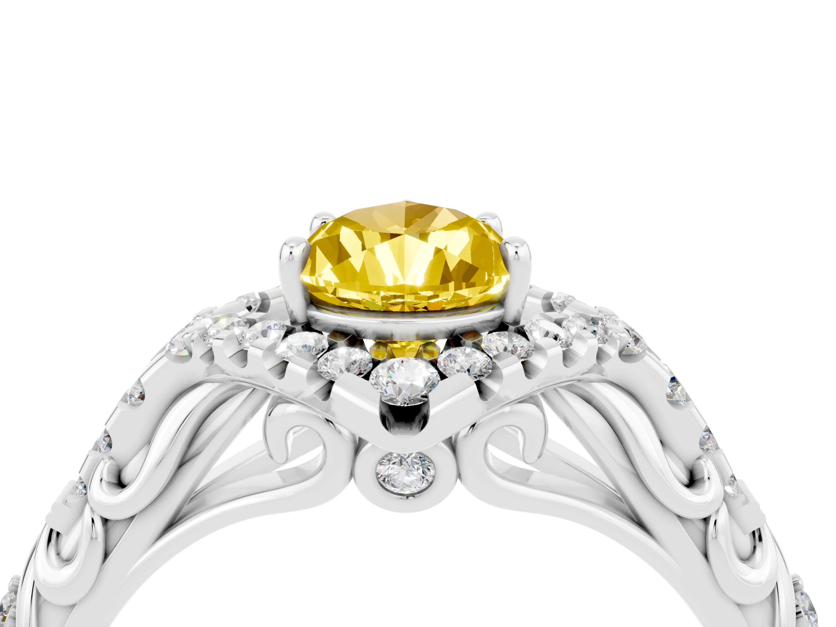 White gold Pear Cut Yellow Sapphire Solitaire Ring with Hidden Halo and Pavé Band_16