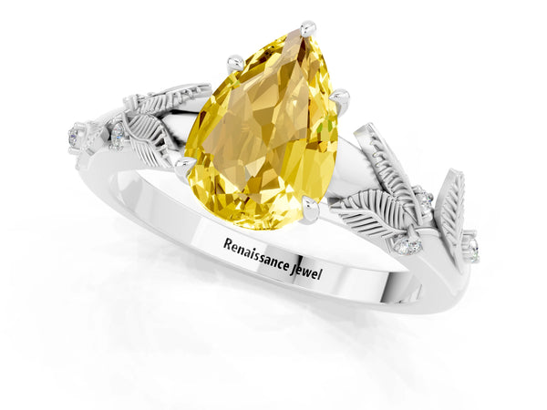 Platinum Pear Cut Yellow Sapphire Solitaire Ring with Leaf Motif Band and Four-Prong Setting