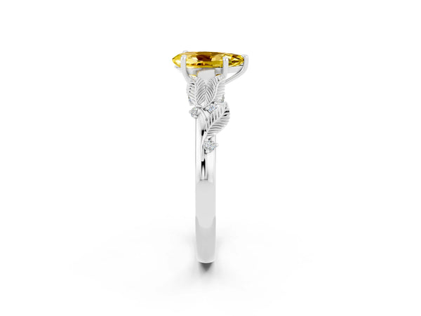 White gold Pear Cut Yellow Sapphire Solitaire Ring with Leaf Motif Band and Four-Prong Setting