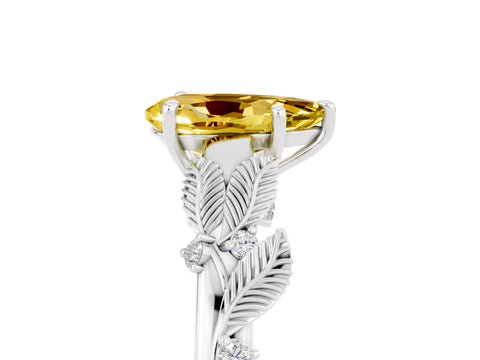 White gold Pear Cut Yellow Sapphire Solitaire Ring with Leaf Motif Band and Four-Prong Setting_17