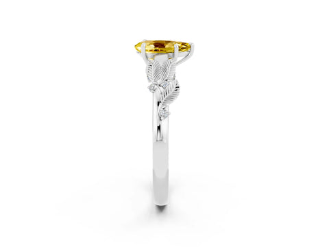 White gold Pear Cut Yellow Sapphire Solitaire Ring with Leaf Motif Band and Four-Prong Setting_2