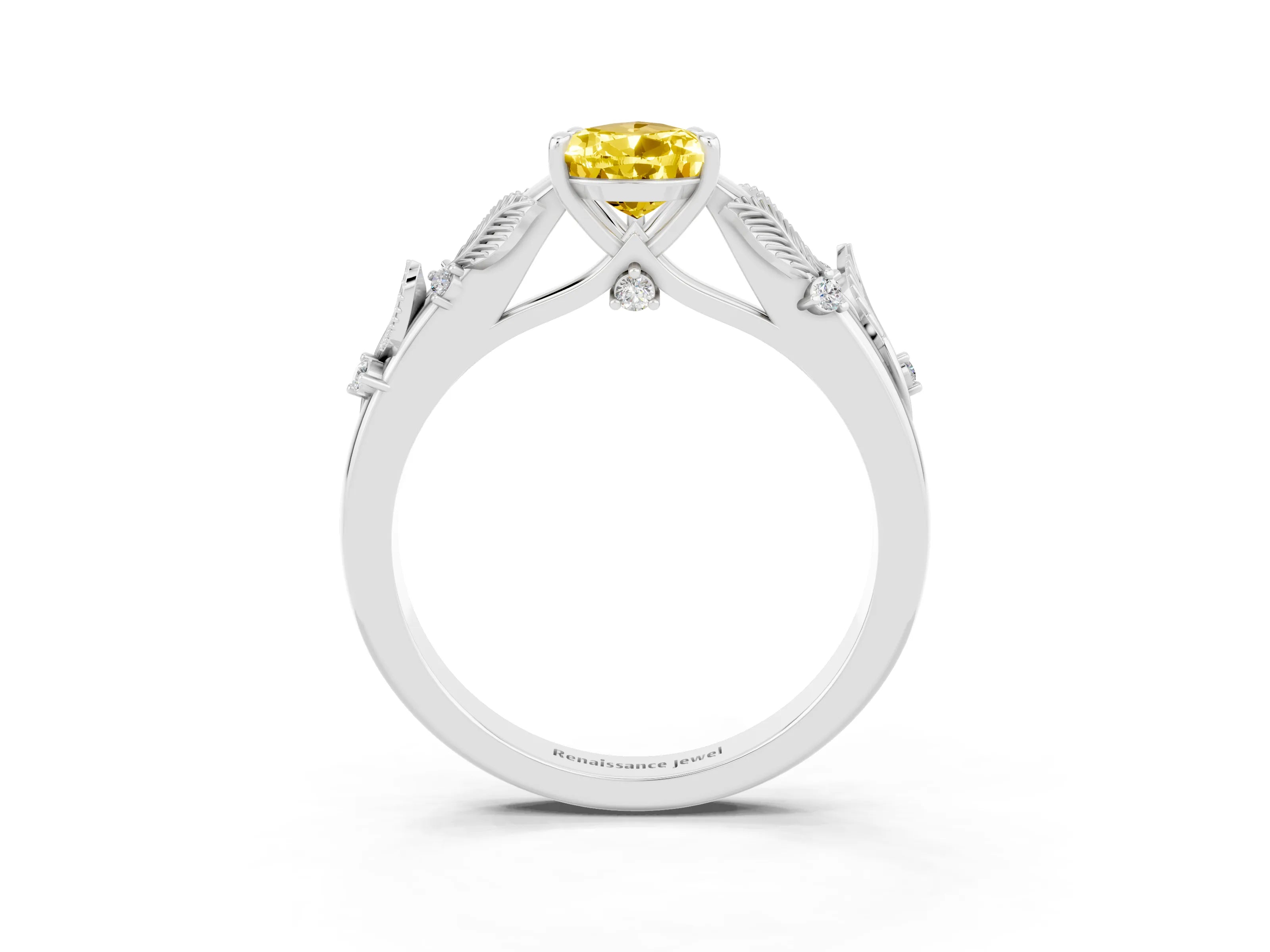White gold Pear Cut Yellow Sapphire Solitaire Ring with Leaf Motif Band and Four-Prong Setting_3