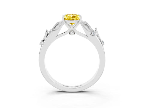 White gold Pear Cut Yellow Sapphire Solitaire Ring with Leaf Motif Band and Four-Prong Setting_3