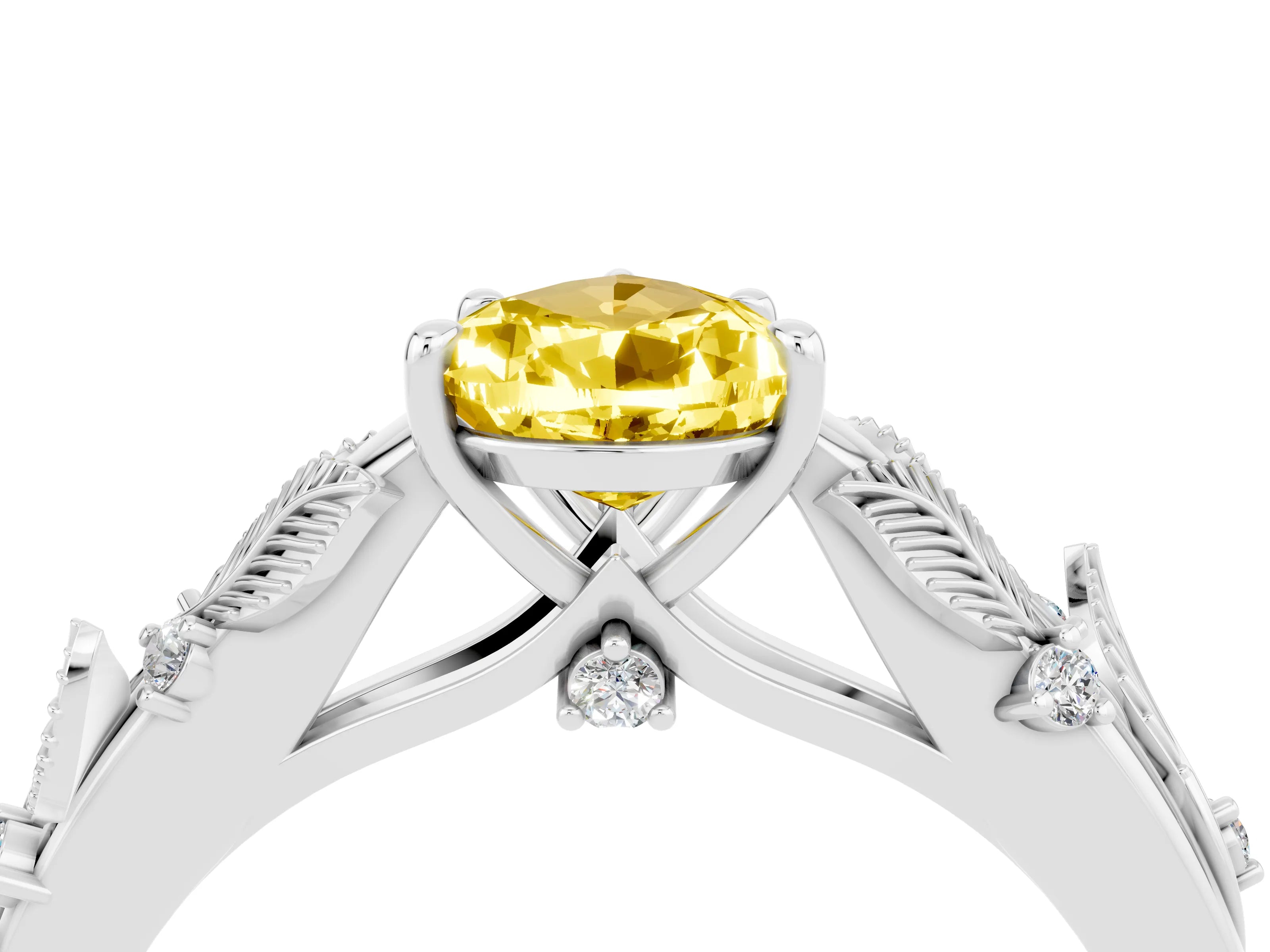 White gold Pear Cut Yellow Sapphire Solitaire Ring with Leaf Motif Band and Four-Prong Setting_4