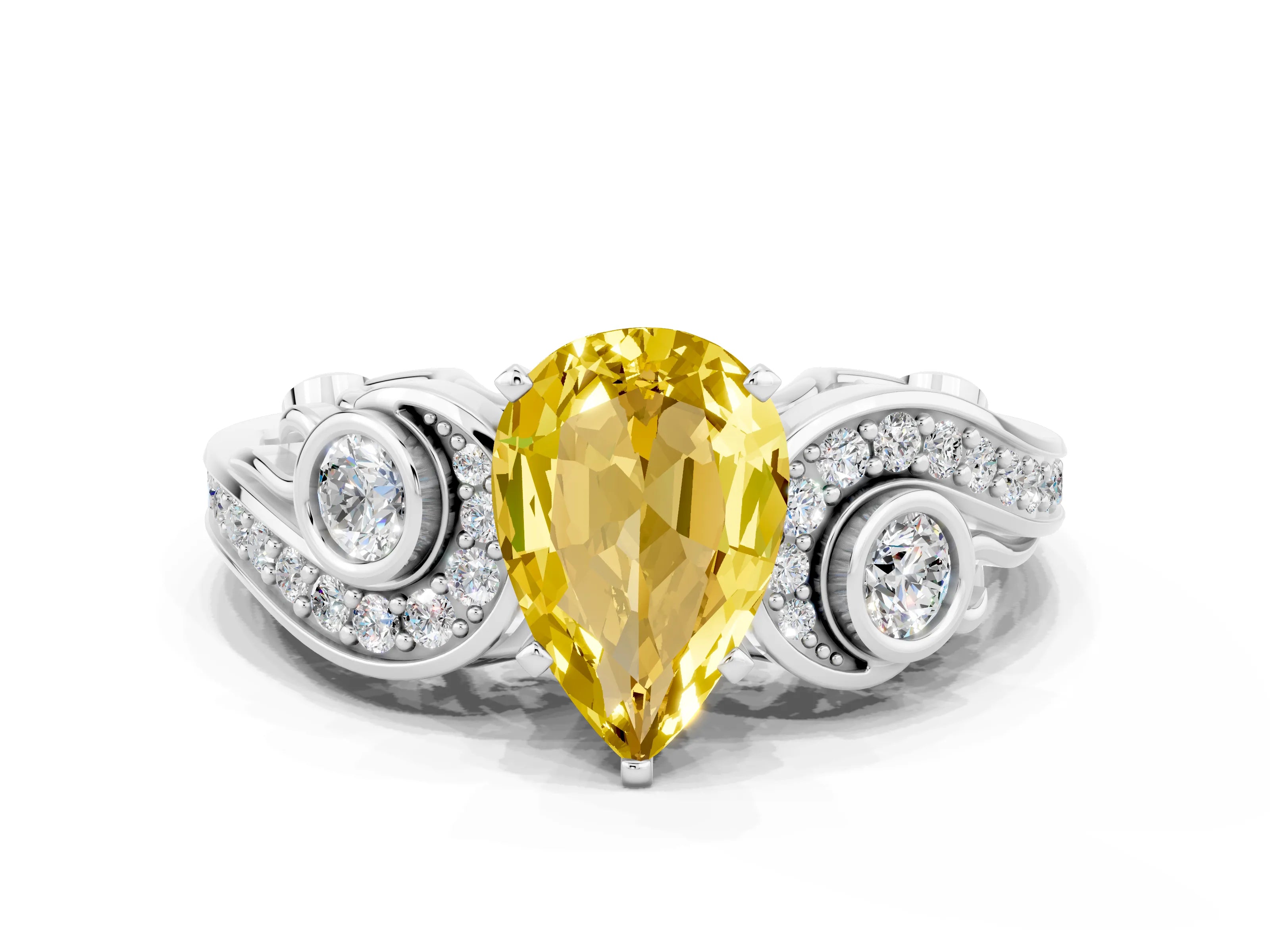 White gold Pear Cut Yellow Sapphire Solitaire Ring with Milgrain Pavé Band and Four-Prong Setting_12