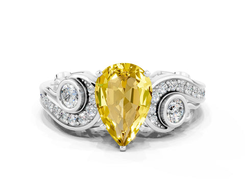 White gold Pear Cut Yellow Sapphire Solitaire Ring with Milgrain Pavé Band and Four-Prong Setting_12