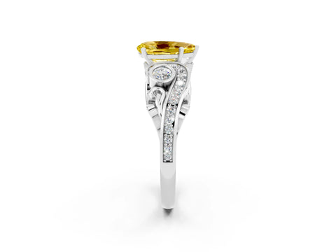 White gold Pear Cut Yellow Sapphire Solitaire Ring with Milgrain Pavé Band and Four-Prong Setting_14