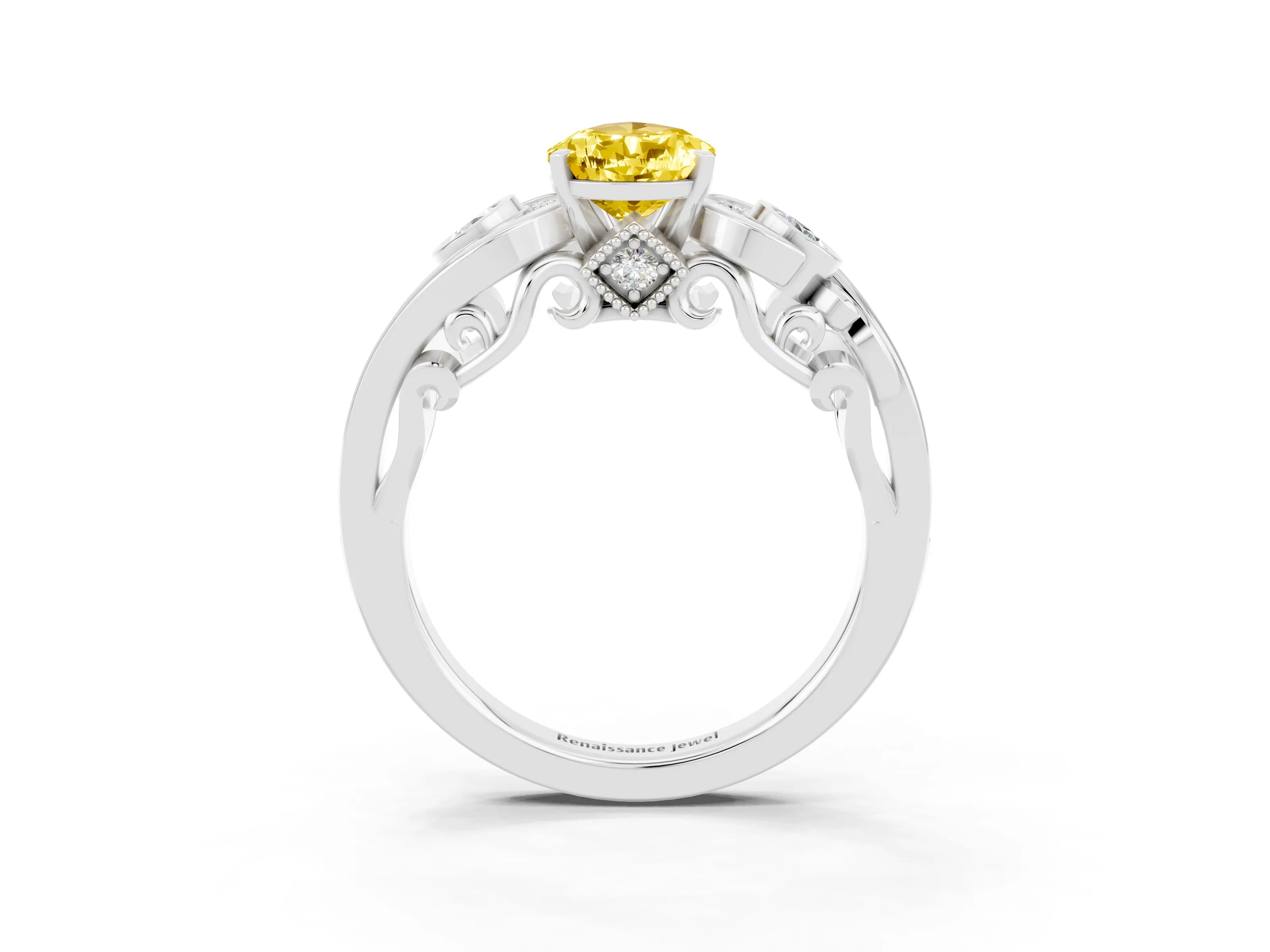 White gold Pear Cut Yellow Sapphire Solitaire Ring with Milgrain Pavé Band and Four-Prong Setting_15