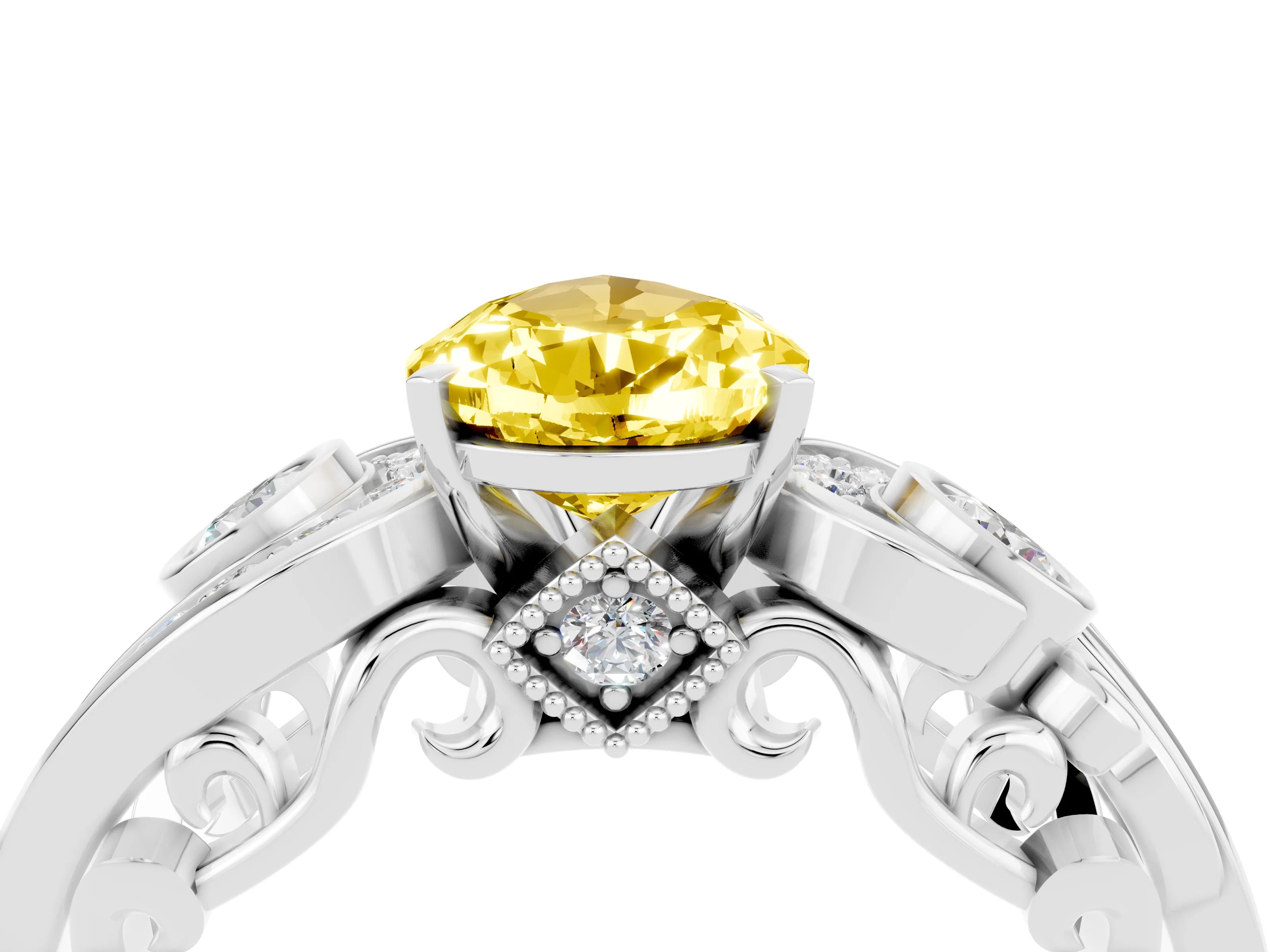 White gold Pear Cut Yellow Sapphire Solitaire Ring with Milgrain Pavé Band and Four-Prong Setting_16