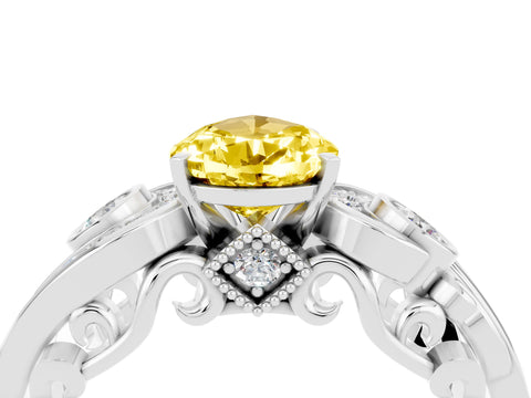 White gold Pear Cut Yellow Sapphire Solitaire Ring with Milgrain Pavé Band and Four-Prong Setting_16
