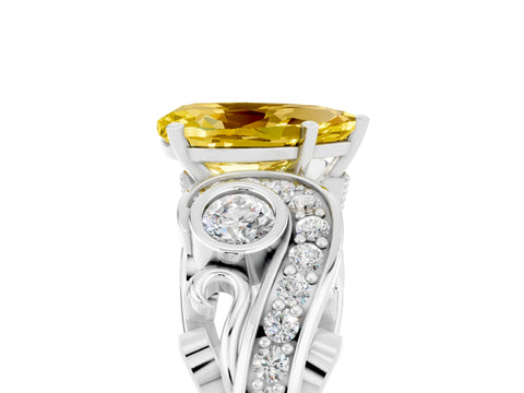 White gold Pear Cut Yellow Sapphire Solitaire Ring with Milgrain Pavé Band and Four-Prong Setting_17