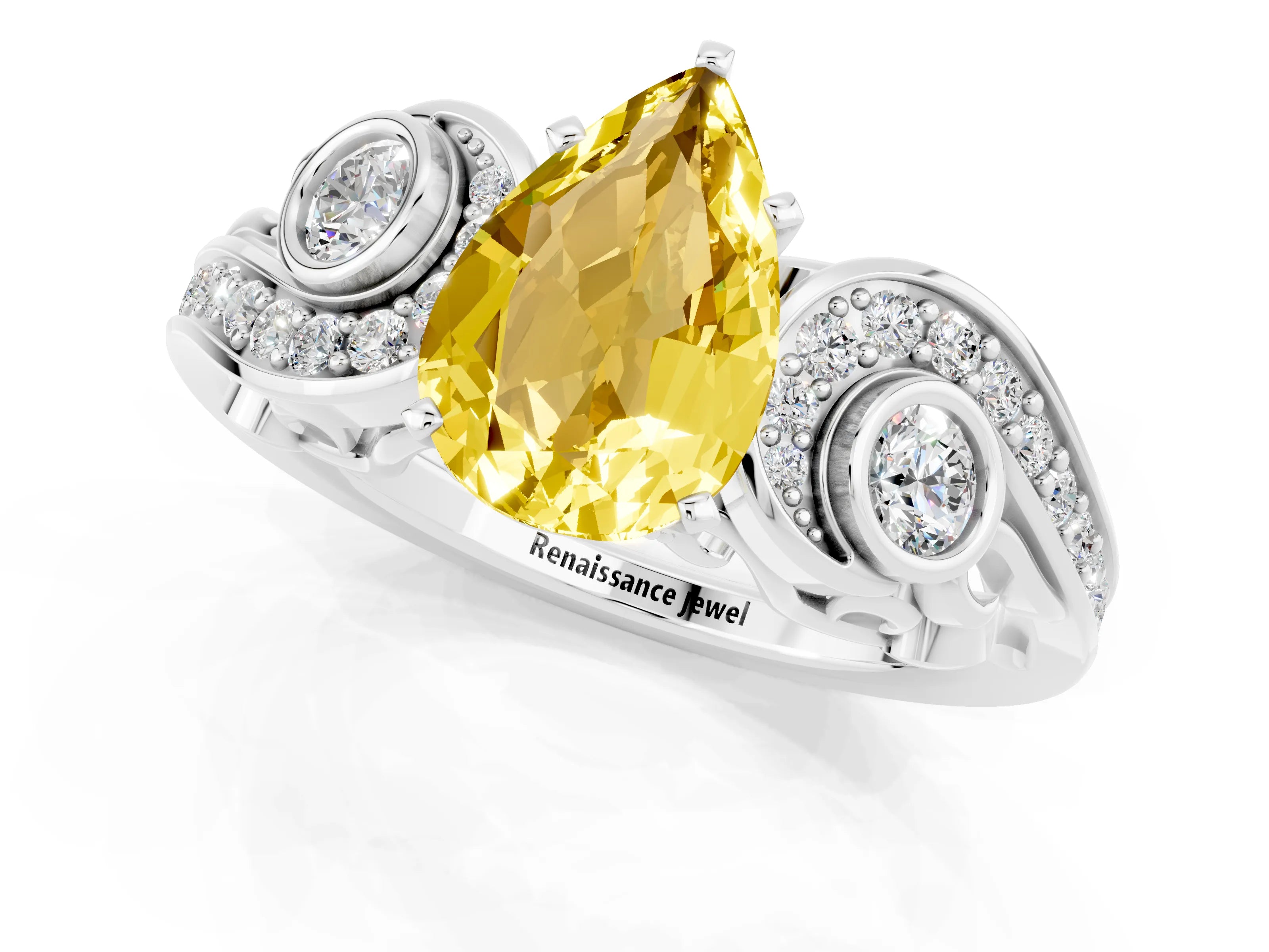 White gold Pear Cut Yellow Sapphire Solitaire Ring with Milgrain Pavé Band and Four-Prong Setting_49