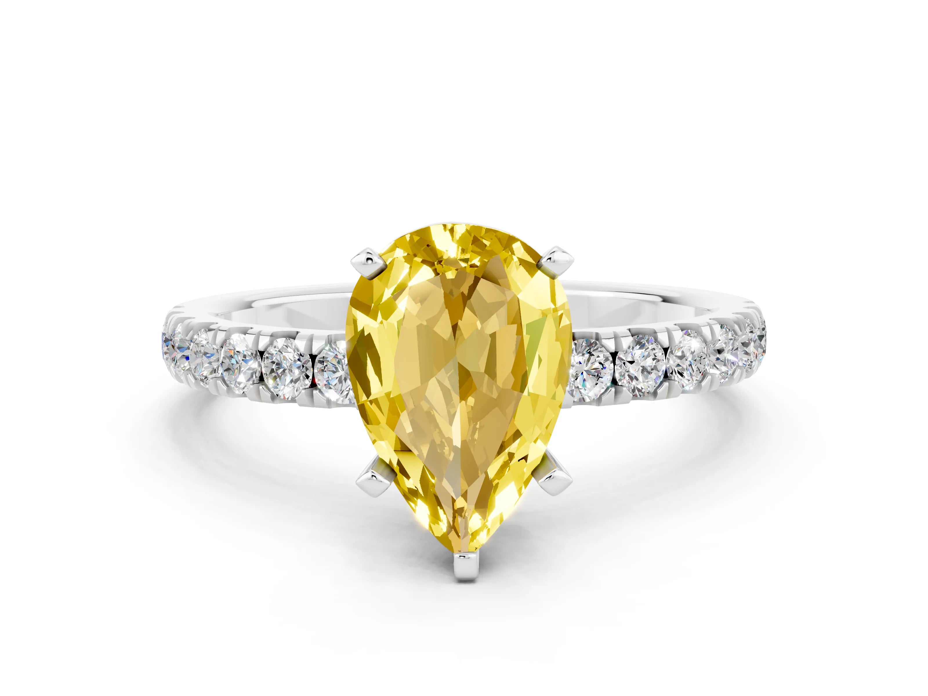 White gold Pear Cut Yellow Sapphire Solitaire Ring with Pavé Accents and Four-Prong Setting_24