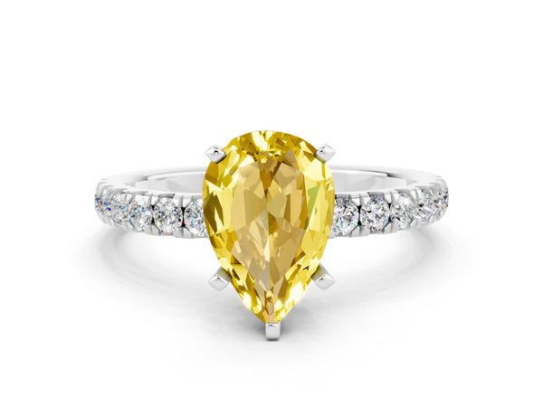 White gold Pear Cut Yellow Sapphire Solitaire Ring with Pavé Accents and Four-Prong Setting